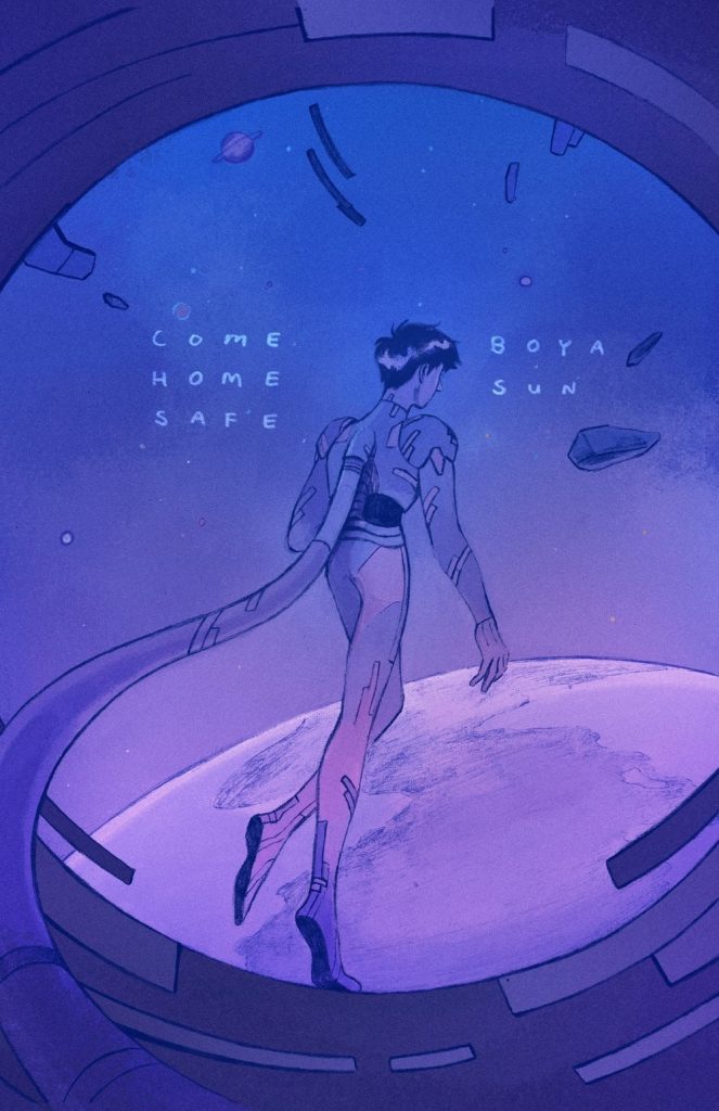 The cover of the comic “Come Home Safe” by Boya Sun. The cover features a person, with short black hair, wearing a futuristic space suit with an umbilical cable attached to the back, looking at a planet below them, from the inside of a vessel in space with a circular window. Their back is facing the audience. The only colours used in the cover are various shades of purple.