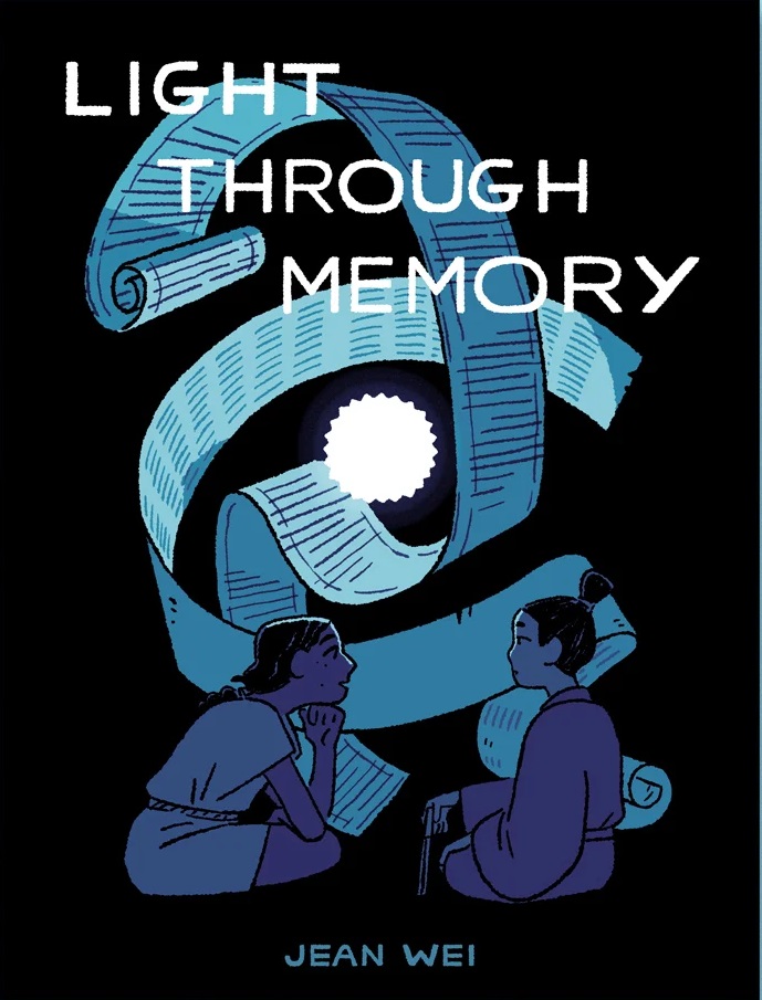 The cover of the comic “Light Through Memory” by Jean Wei. The cover features two people, sitting and facing each other. The person on the left is sitting cross-legged and slouching, holding their head up on the knuckles of their left hand. They are wearing a simple Roman toga, and their black hair is tied up in a simple ponytail. The figure on the right is sitting on their knees, back upright, a fan in their right hand. They are wearing a simple dark-coloured hanfu and their hair is tied up in a topknot. Above them are blue scrolls of paper, with undefined writings written on them. In the center of the cover is a white, glowing, stylized star.