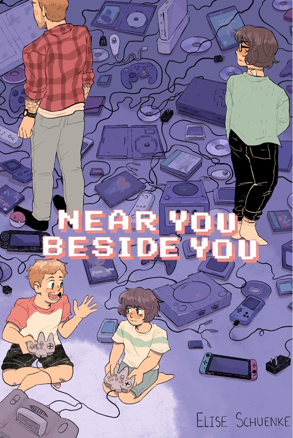 The cover of the comic “Near You, Beside You” by Elise Schuenke. The cover features two siblings during two different time periods, their current age and their childhood selves, the sibling on the right has dark brown hair and are wearing green shirts, and the sibling on the left has dark blond hair and are wearing red shirts. Their childhood versions are happily playing a video game on the Nintendo 64 console together; the sibling on the right has a slight closed-mouth smile, while the sibling on the left has an open-mouthed grin and talking excitedly. Their adult versions are standing far apart from each other, the sibling on the right hesitantly looking towards the sibling on the left, whose back is turned. On the purple floor are various video game consoles, handhelds, software, controllers, and peripherals intended for systems developed by Nintendo and Sony from the 1990s to 2024.