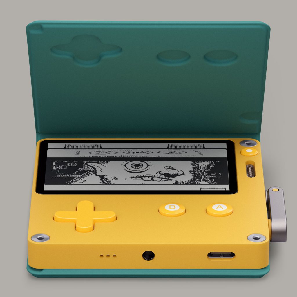 A picture of a Playdate handheld gaming system developed by Panic. The machine is a small yellow device with a screen on the top half, directional-pad on the bottom left, a B and A button on the bottom right, a circular menu button on the top right, and a metal crank that is docked on the right side of the device. A green-blue coloured Aqua Playdate cover has been placed on the system, the cover slightly lifted above the screen. The screen shows a scene from Lucas Pope’s video game “Mars After Midnight”, which shows a one-eyed alien peeking into a building through a rectangular metal cover. The game is entirely black and white, like all Playdate titles. 