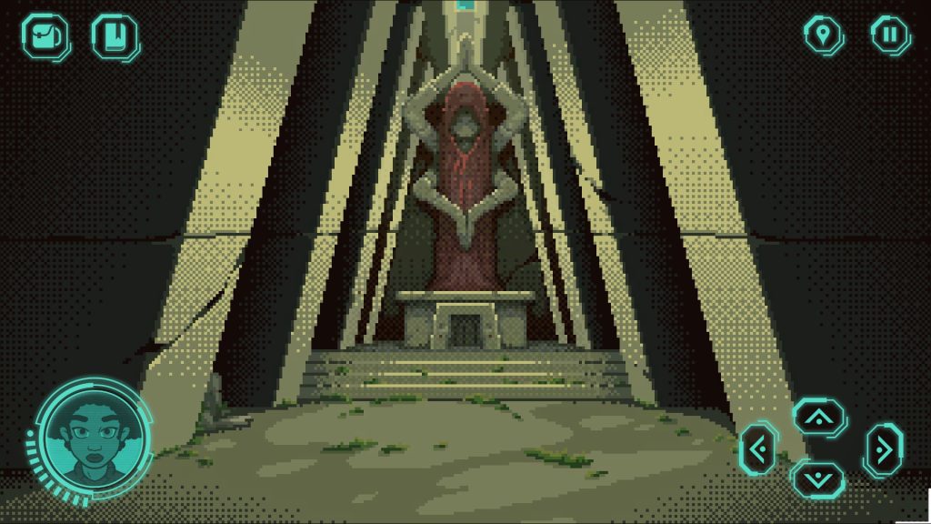 A screenshot from the video game “The Abandoned Planet” by Dexter Team Games. The screenshot takes place inside of a stone temple, which has a skylight bringing natural sunlight into the chamber. There is a statue of a bipedal figure, standing on top of a structure with a doorway. The figure is wearing red robes and has two pairs of arms. Their upper pair of arms are raised above their head while their lower pair of arms are pointing downwards from their waist; both pairs of hands have their palms pressed together in prayer. In the four corners of the screen are various green coloured icons representing the player’s abilities and actions. In the bottom left corner is an image displaying the player character, a woman with an afro who has a focused expression. The bottom right corner has four arrow icons; the upper left corner has a backpack icon and a journal icon; the upper right corner has a stylized map pin icon, and a “pause” icon.